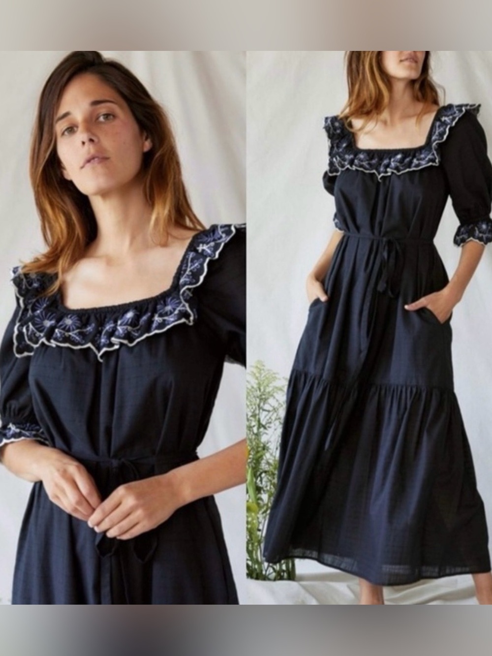 Christy Dawn Maggie Floral Embroidered Dress Midnight Blue Maxi Cotton M